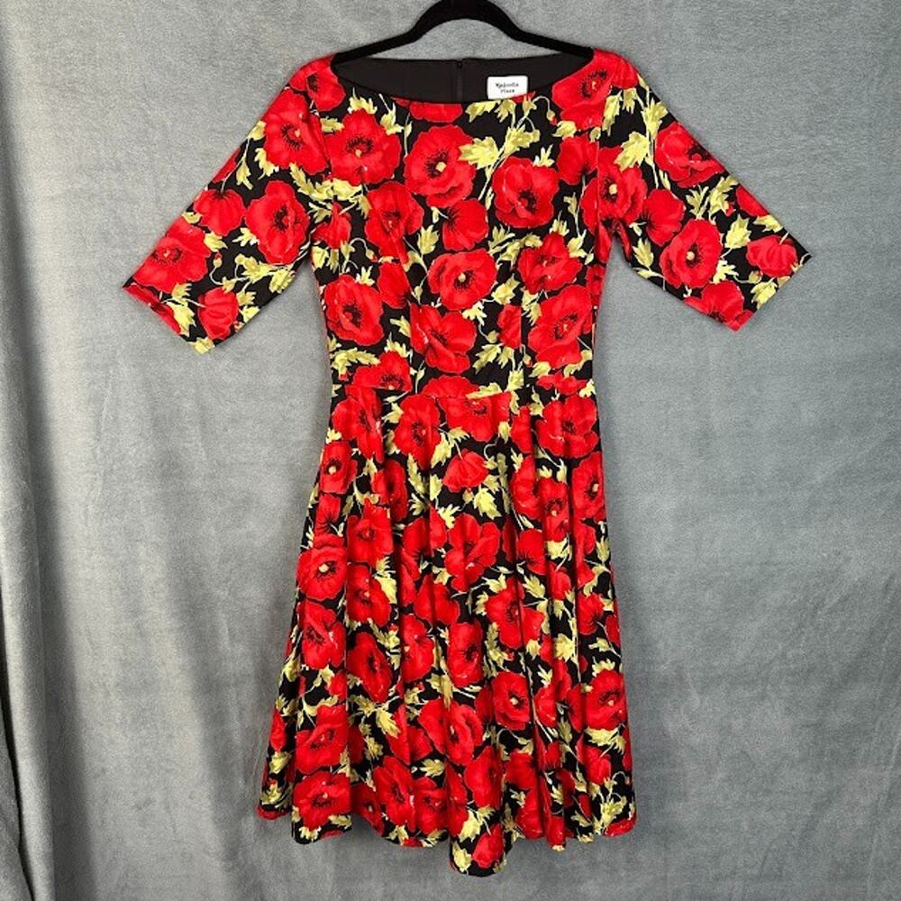 Magnolia Place Dress Womens Medium Red Floral Swing Pinup Rockabilly Retro Midi